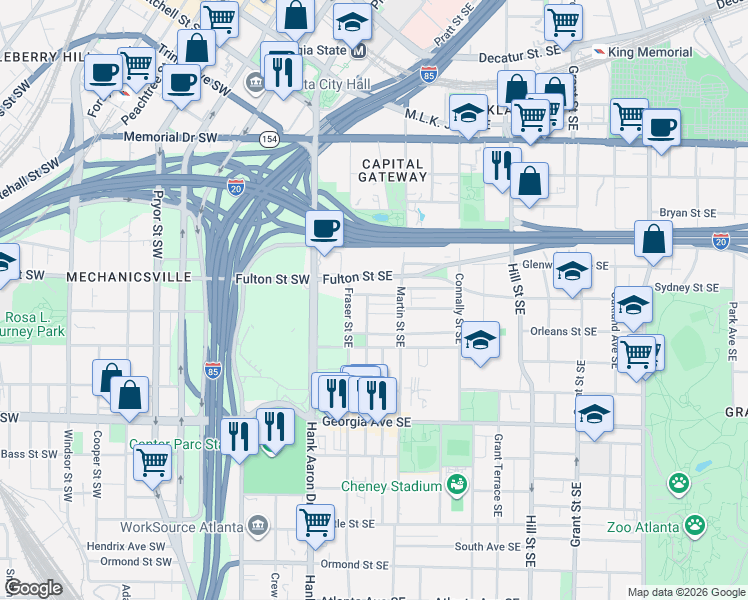 map of restaurants, bars, coffee shops, grocery stores, and more near 489 Reed Street Southeast in Atlanta