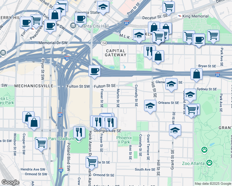 map of restaurants, bars, coffee shops, grocery stores, and more near 93 Hammock Place Southeast in Atlanta
