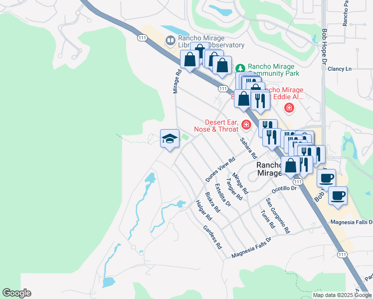 map of restaurants, bars, coffee shops, grocery stores, and more near 71292 Biskra Road in Rancho Mirage