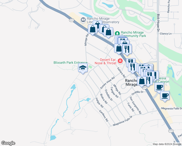 map of restaurants, bars, coffee shops, grocery stores, and more near 71292 Biskra Road in Rancho Mirage