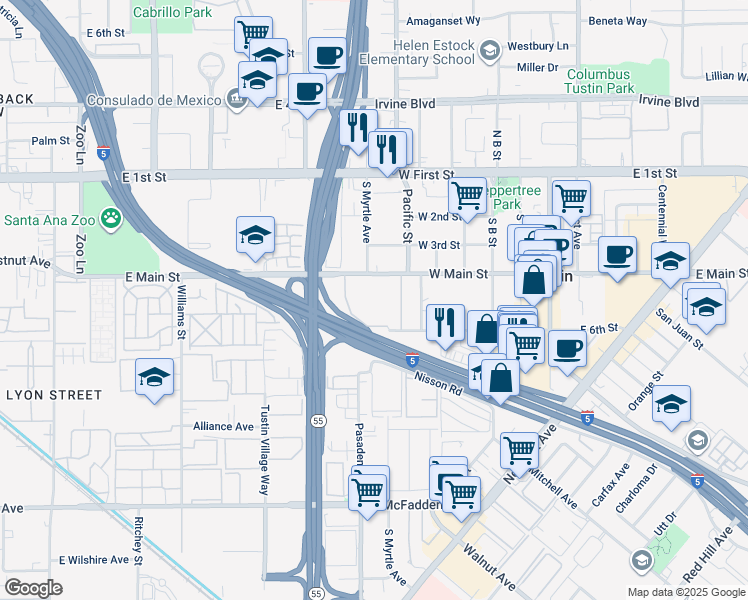 map of restaurants, bars, coffee shops, grocery stores, and more near 647 West 6th Street in Tustin