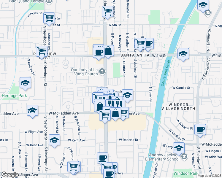 map of restaurants, bars, coffee shops, grocery stores, and more near 3711 West Camile Street in Santa Ana