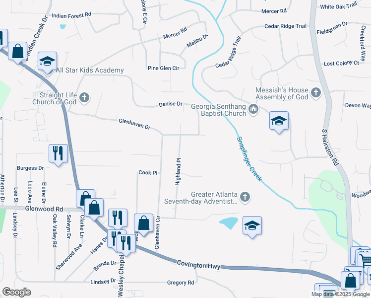 map of restaurants, bars, coffee shops, grocery stores, and more near 1714 Highland Place in Decatur