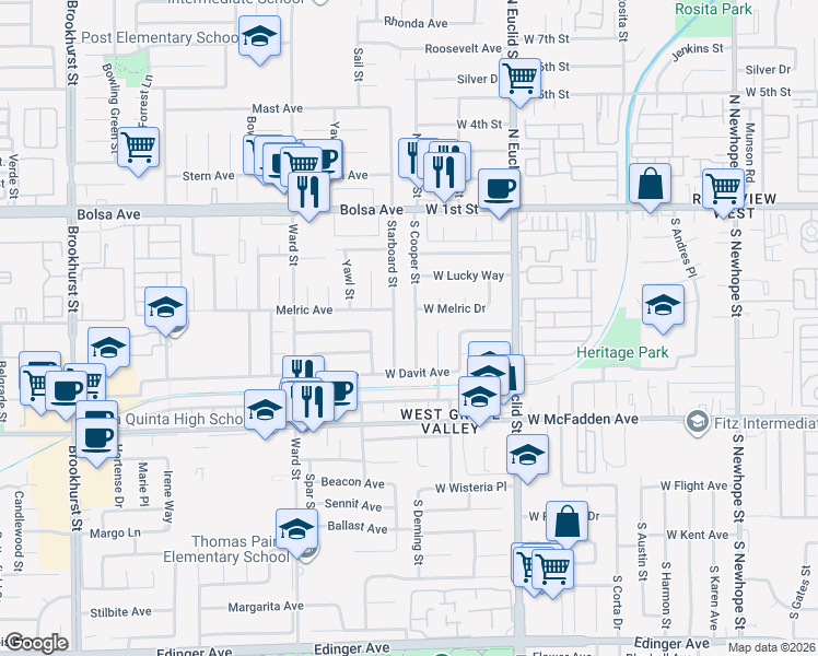 map of restaurants, bars, coffee shops, grocery stores, and more near 417 Starboard Street in Santa Ana