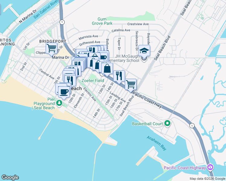 map of restaurants, bars, coffee shops, grocery stores, and more near 309 15th Street in Seal Beach