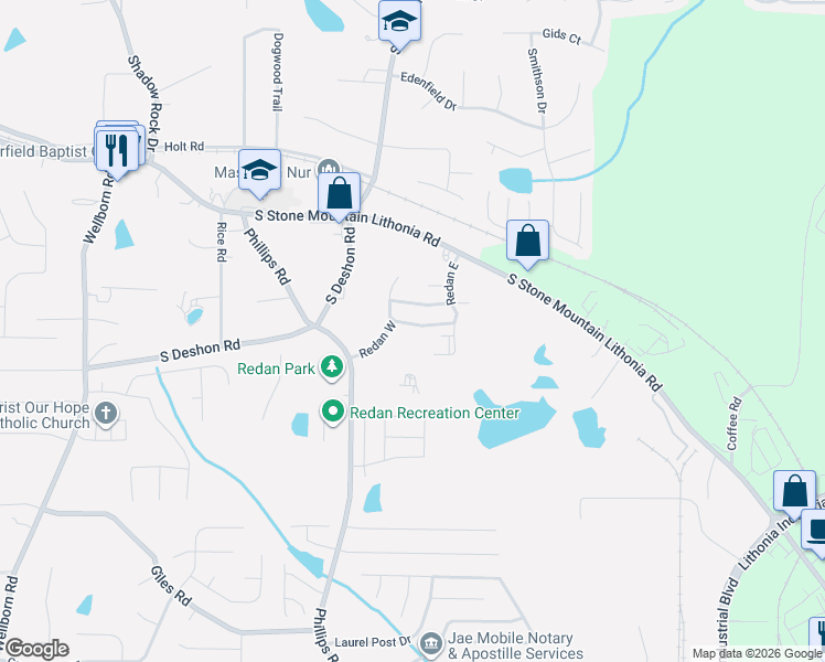 map of restaurants, bars, coffee shops, grocery stores, and more near 6375 Redan Square in Lithonia
