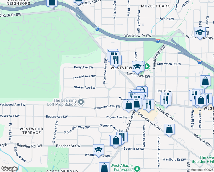 map of restaurants, bars, coffee shops, grocery stores, and more near 524 West Ontario Avenue Southwest in Atlanta