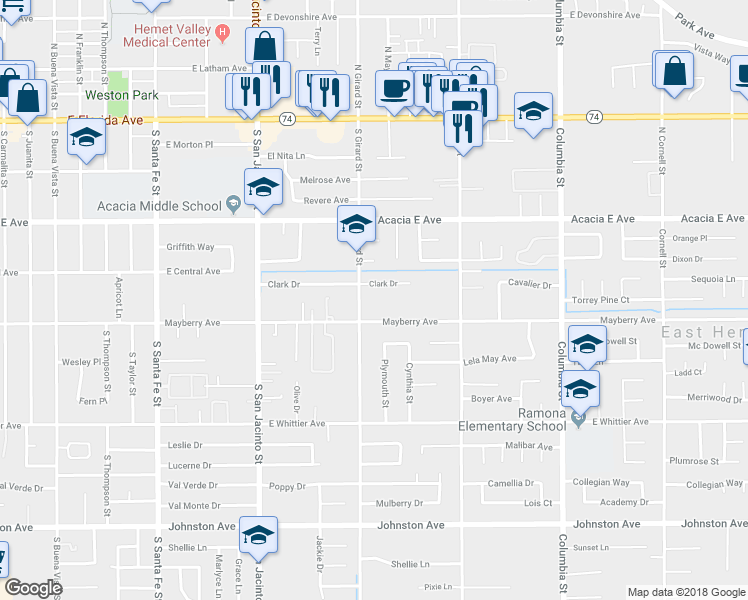 map of restaurants, bars, coffee shops, grocery stores, and more near 26186 Girard Street in Hemet
