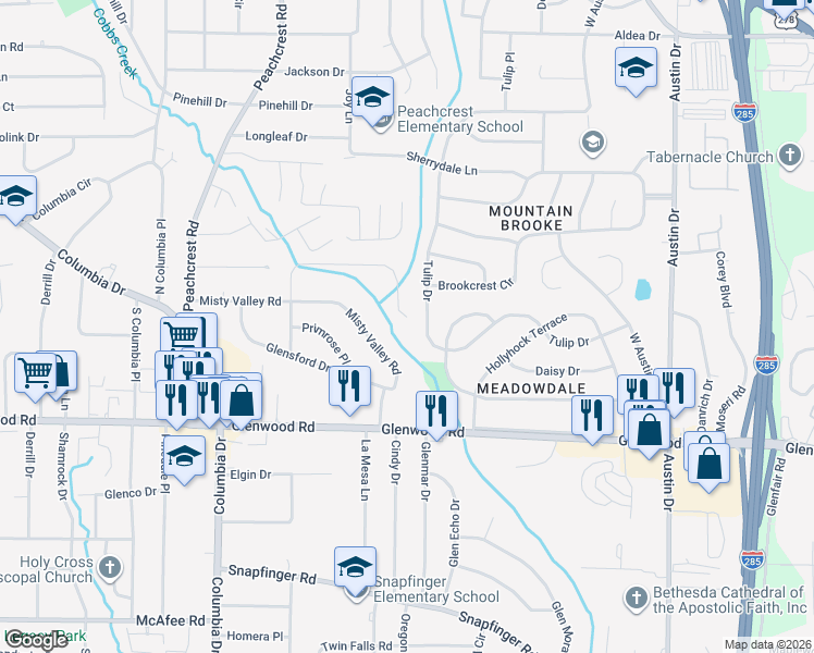 map of restaurants, bars, coffee shops, grocery stores, and more near 3595 Brookfield Lane in Decatur