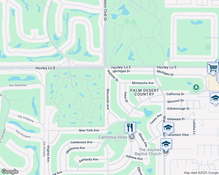 map of restaurants, bars, coffee shops, grocery stores, and more near 42420 Wisconsin Avenue in Palm Desert