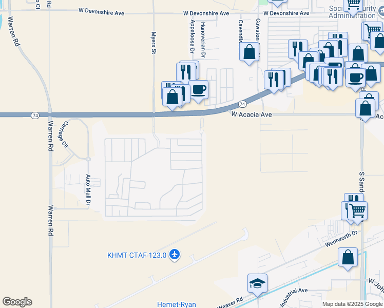 map of restaurants, bars, coffee shops, grocery stores, and more near 5001 West Florida Avenue in Hemet