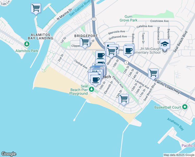 map of restaurants, bars, coffee shops, grocery stores, and more near in Seal Beach