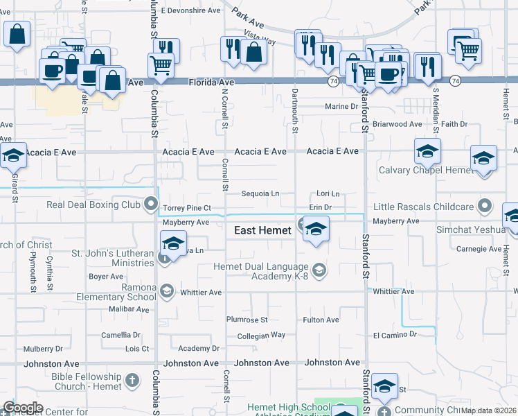 map of restaurants, bars, coffee shops, grocery stores, and more near 41376 Torrey Pine Court in Hemet