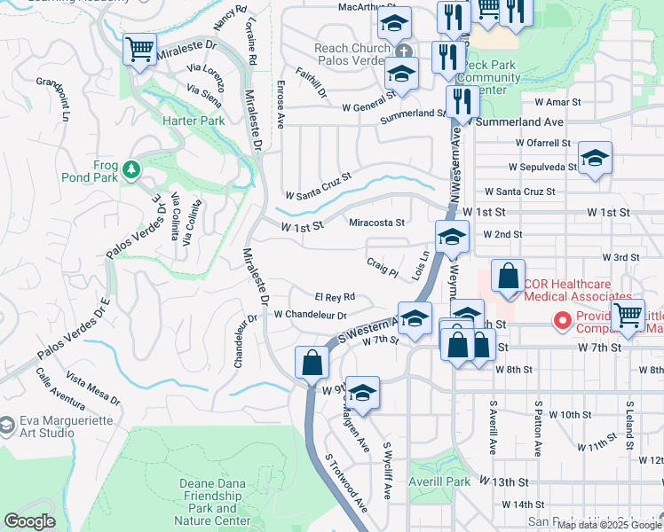 map of restaurants, bars, coffee shops, grocery stores, and more near 350 Miraleste Drive in Los Angeles