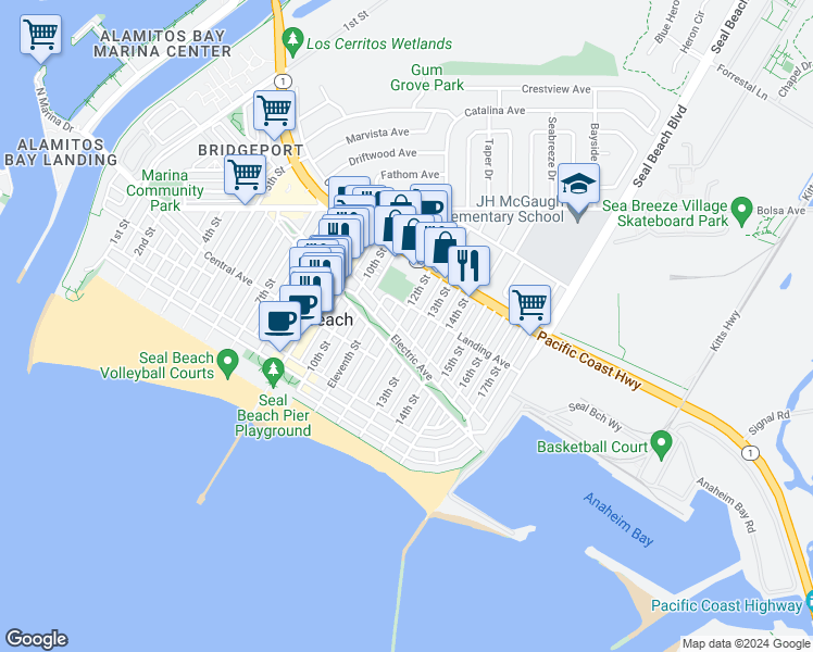 map of restaurants, bars, coffee shops, grocery stores, and more near 1213 Electric Avenue in Seal Beach