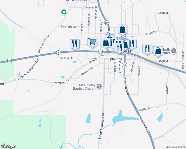 map of restaurants, bars, coffee shops, grocery stores, and more near 186 Meadow Street in Tallapoosa