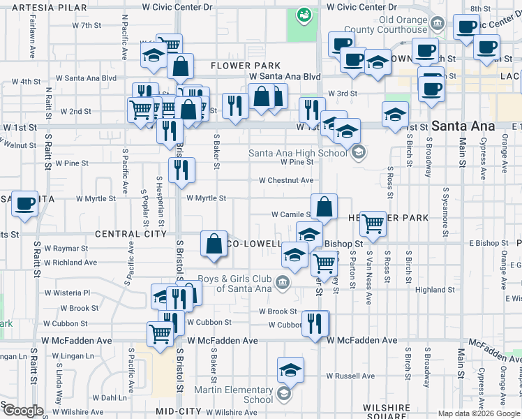 map of restaurants, bars, coffee shops, grocery stores, and more near 1045 West Camile Street in Santa Ana