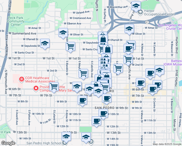 map of restaurants, bars, coffee shops, grocery stores, and more near 315 South Cabrillo Avenue in Los Angeles