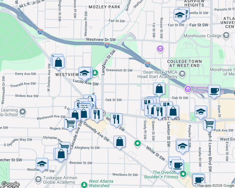 map of restaurants, bars, coffee shops, grocery stores, and more near 510 Hopkins Street Southwest in Atlanta
