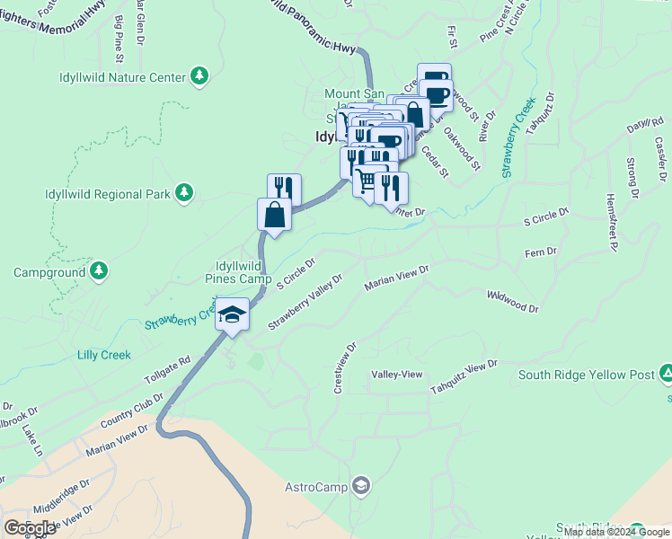 map of restaurants, bars, coffee shops, grocery stores, and more near 54250 Strawberry Valley Drive in Idyllwild-Pine Cove