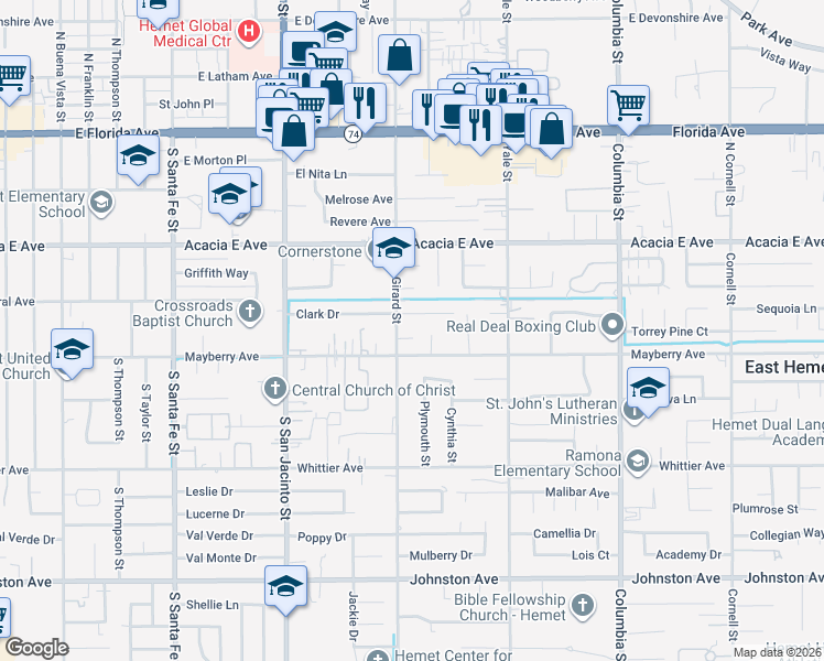 map of restaurants, bars, coffee shops, grocery stores, and more near 26186 Girard Street in Hemet