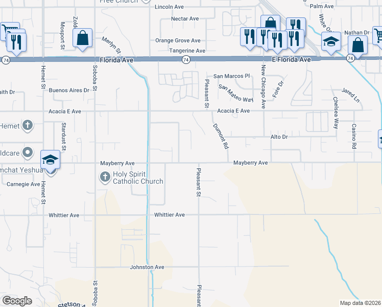 map of restaurants, bars, coffee shops, grocery stores, and more near 26228 Corte Tecolote in Hemet