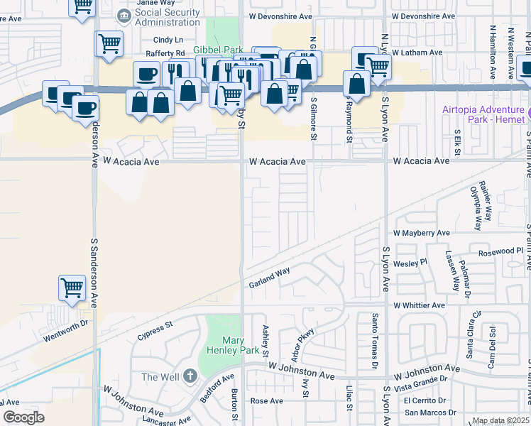map of restaurants, bars, coffee shops, grocery stores, and more near 2382 Carlsbad Circle in Hemet