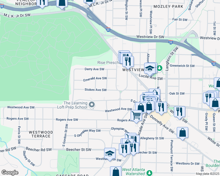 map of restaurants, bars, coffee shops, grocery stores, and more near 1623 Stokes Avenue Southwest in Atlanta