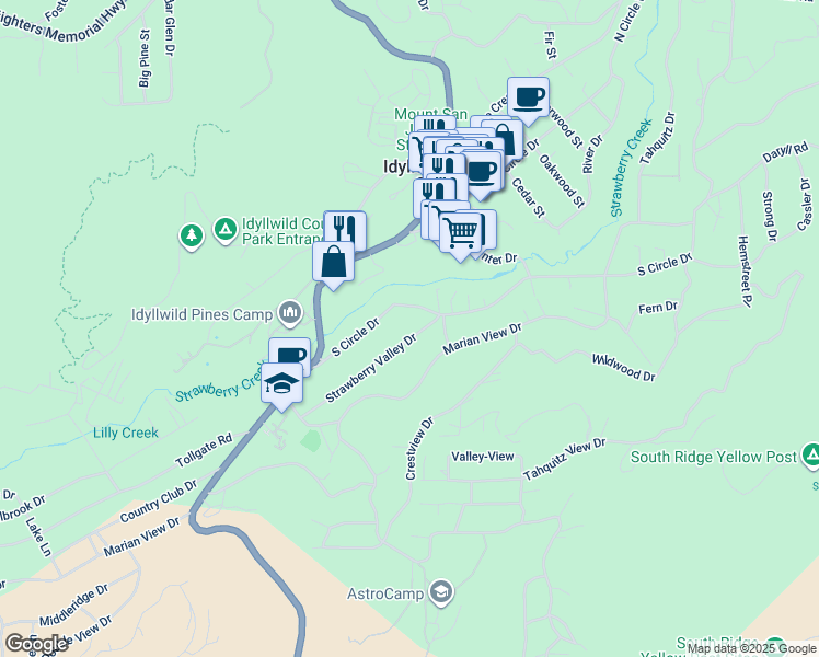 map of restaurants, bars, coffee shops, grocery stores, and more near 54250 Strawberry Valley Drive in Idyllwild-Pine Cove