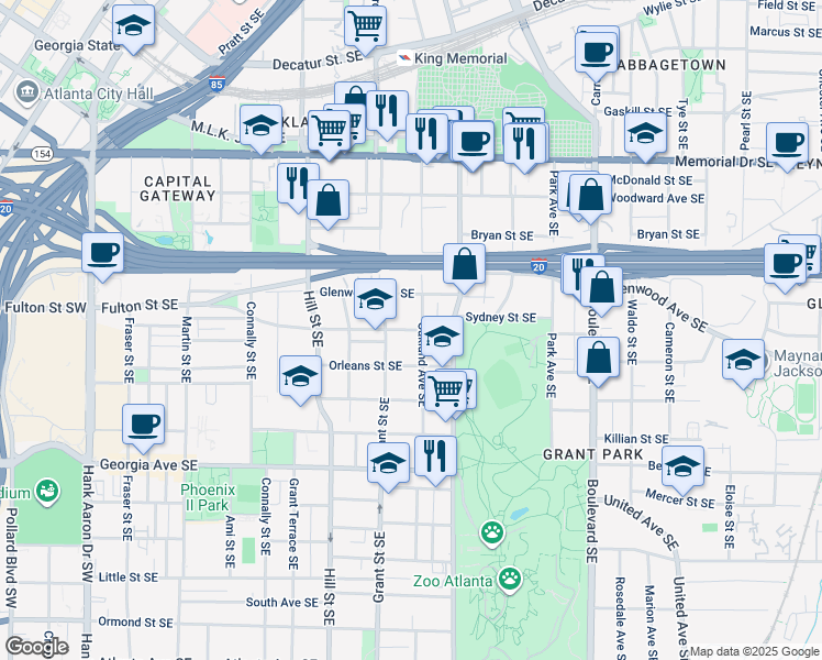 map of restaurants, bars, coffee shops, grocery stores, and more near Sydney Street Southeast in Atlanta