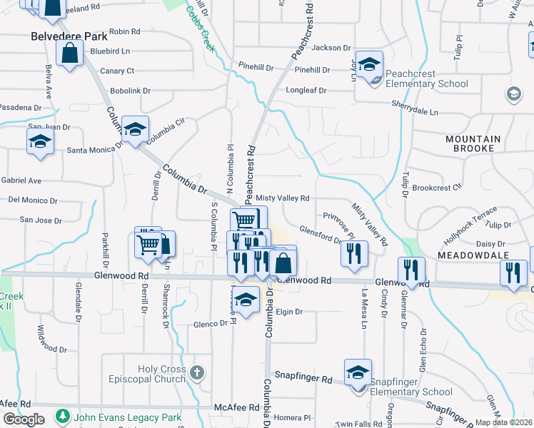 map of restaurants, bars, coffee shops, grocery stores, and more near 3357 Misty Valley Road in Decatur