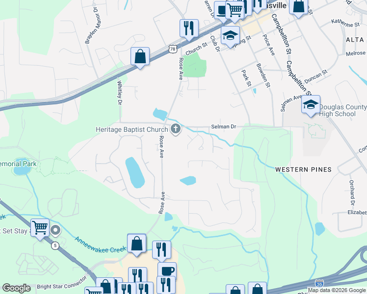 map of restaurants, bars, coffee shops, grocery stores, and more near 8848 West Hills Court in Douglasville