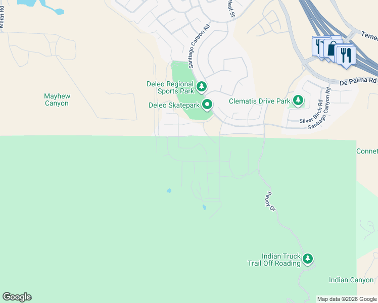 map of restaurants, bars, coffee shops, grocery stores, and more near 26175 Plumcot Drive in Corona