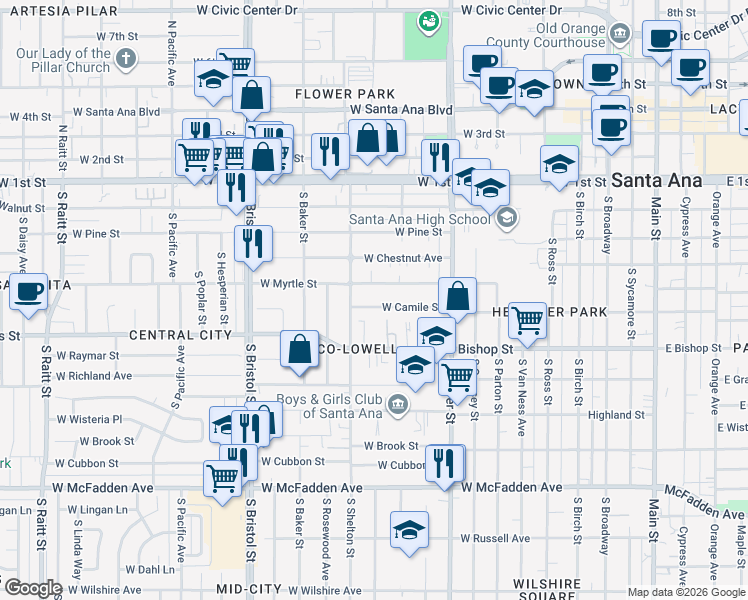 map of restaurants, bars, coffee shops, grocery stores, and more near 1045 West Camile Street in Santa Ana