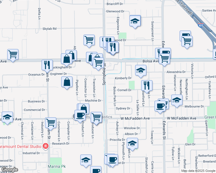 map of restaurants, bars, coffee shops, grocery stores, and more near 15245 Springdale Street in Huntington Beach
