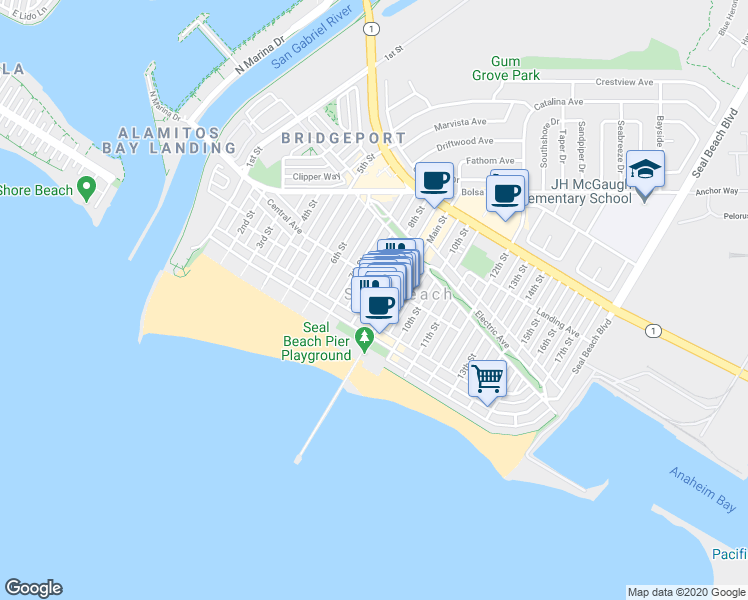 map of restaurants, bars, coffee shops, grocery stores, and more near in Seal Beach