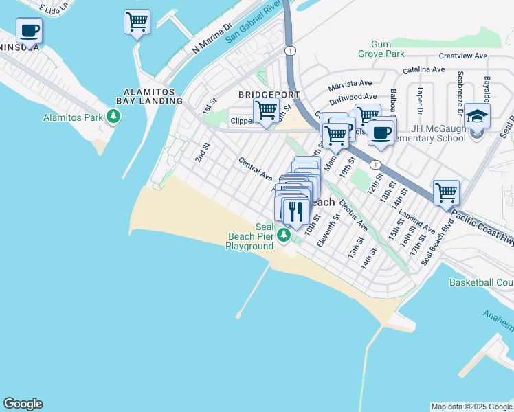 map of restaurants, bars, coffee shops, grocery stores, and more near 604 Ocean Avenue in Seal Beach