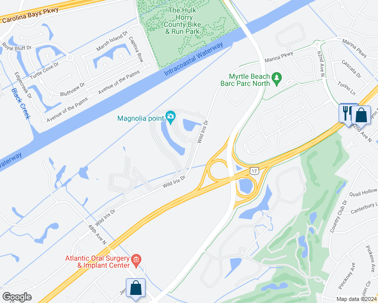 map of restaurants, bars, coffee shops, grocery stores, and more near 4825 Luster Leaf Circle in Myrtle Beach