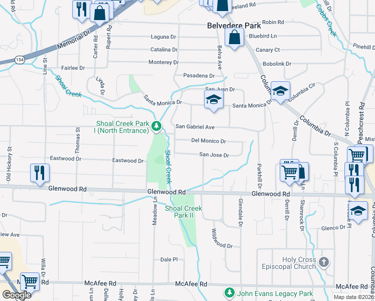 map of restaurants, bars, coffee shops, grocery stores, and more near 2974 San Jose Drive in Decatur