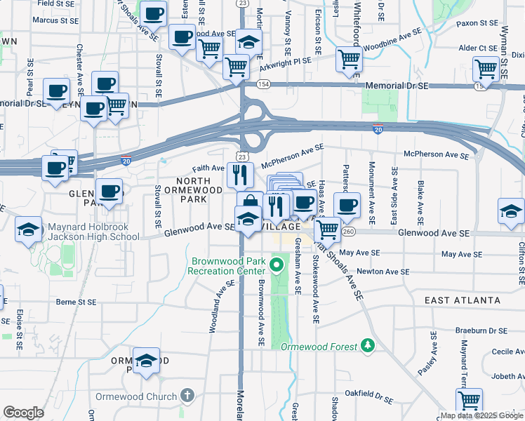 map of restaurants, bars, coffee shops, grocery stores, and more near 1205 Metropolitan Avenue Southeast in Atlanta