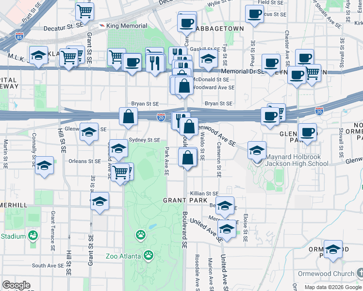 map of restaurants, bars, coffee shops, grocery stores, and more near 565 Sydney Street Southeast in Atlanta