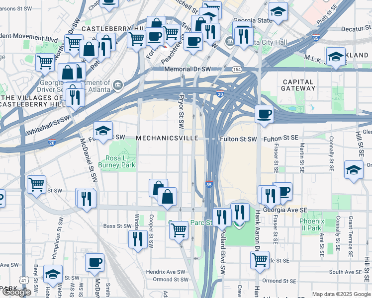 map of restaurants, bars, coffee shops, grocery stores, and more near 509 Pryor Street Southwest in Atlanta