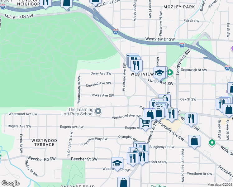 map of restaurants, bars, coffee shops, grocery stores, and more near 1623 Stokes Avenue Southwest in Atlanta