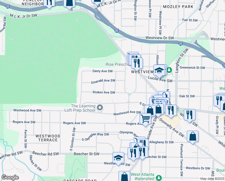 map of restaurants, bars, coffee shops, grocery stores, and more near 1639 Stokes Avenue Southwest in Atlanta