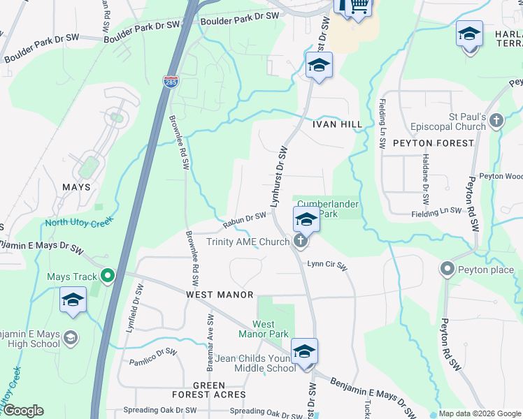 map of restaurants, bars, coffee shops, grocery stores, and more near 525 Rabun Drive Southwest in Atlanta