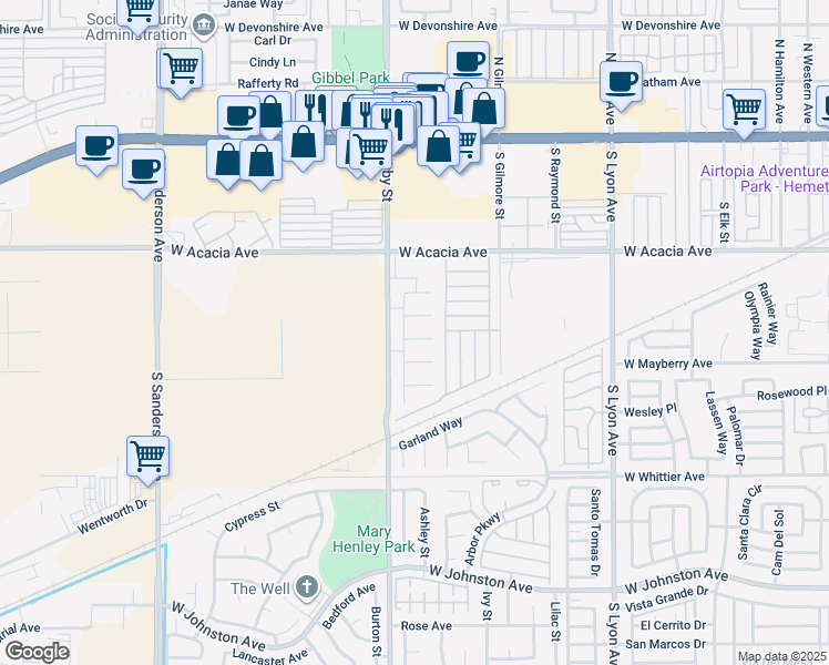 map of restaurants, bars, coffee shops, grocery stores, and more near 2436 Carlsbad Circle in Hemet