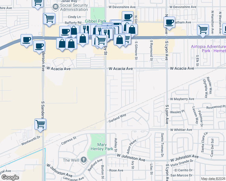 map of restaurants, bars, coffee shops, grocery stores, and more near 2436 Carlsbad Circle in Hemet