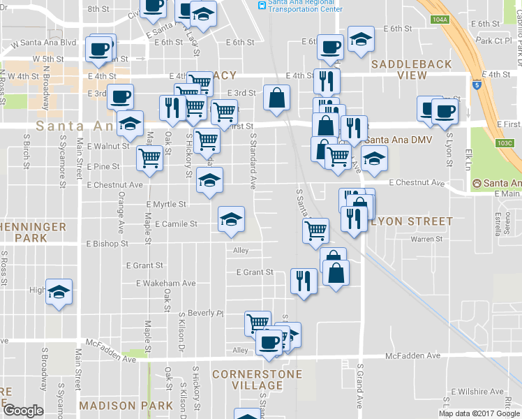 map of restaurants, bars, coffee shops, grocery stores, and more near 909 East Camile Street in Santa Ana