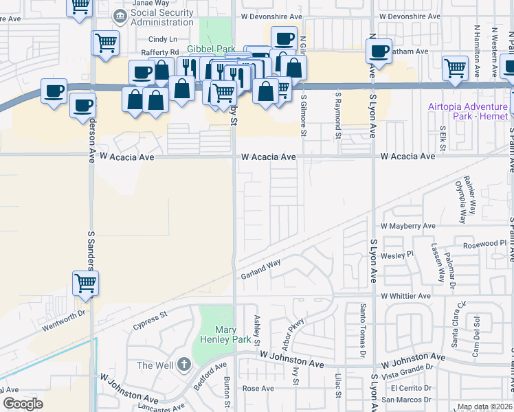 map of restaurants, bars, coffee shops, grocery stores, and more near 2382 Carlsbad Circle in Hemet