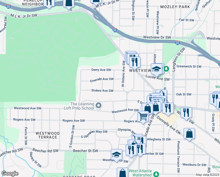 map of restaurants, bars, coffee shops, grocery stores, and more near 1639 Stokes Avenue Southwest in Atlanta